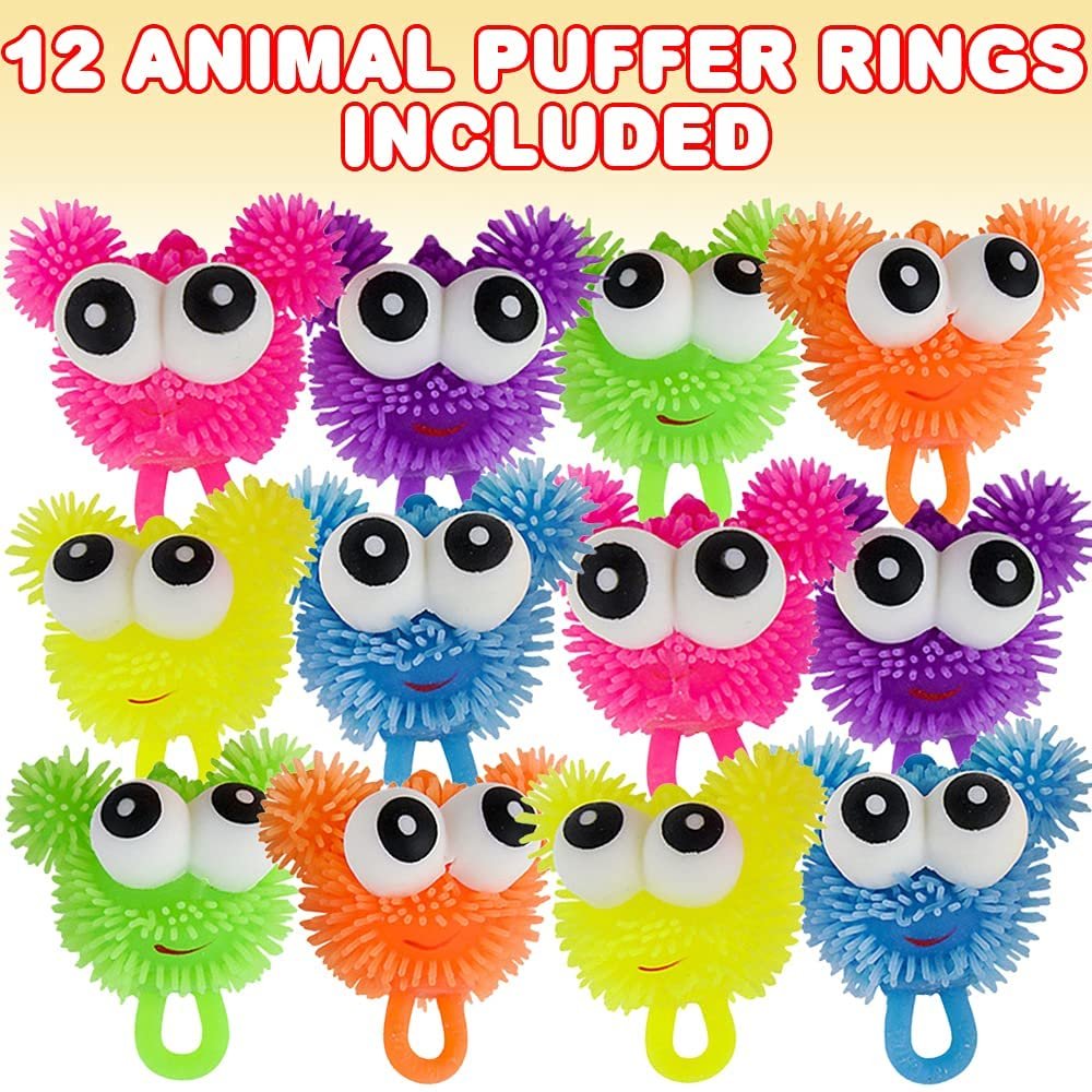 ArtCreativity Mini Animal Puffer Rings, Set of 12, Toy Rings for Girls and Boys with Soft Rubbery Spikes, Stress Relief Toys for Kids and Adults, Party Favors and Goodie Bag Fillers for Children