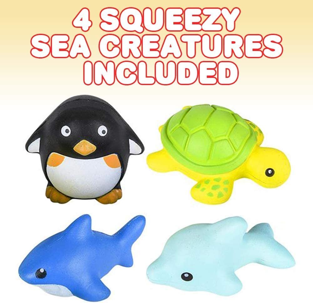 ArtCreativity Squish Sea Life Assortment, Set of 4, Scented Slow Rising Stress Relief Toys for Kids, Squeezable Birthday Party Favors and Goodie Bag Fillers, 4 Cute Designs and Colors