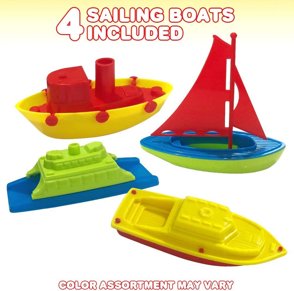 Plastic Sailing Boats for Kids, Set of 4, Colorful Pool and Bath Tub Toys in 4 Different Designs, Summer Water Toys for Lake, Beach, Bathtub, Cute Party Favors for Boys and Girls