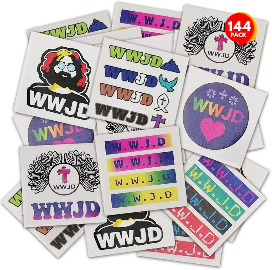 WWJD Temporary Tattoos for Kids - Bulk Pack of 144 - 2" Non-Toxic Tats Stickers for Boys and Girls, Birthday Party Favors, Goodie Bag Fillers, Non-Candy Halloween Treats