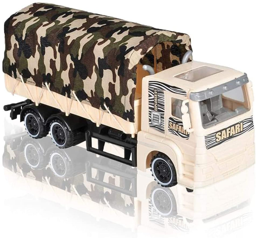 Push and Go Transportation Safari Truck - Unique Animal Figurines Storage - Durable Plastic Truck with Fabric Cover - Best Birthday for Boys and Girls, Carnival Prize