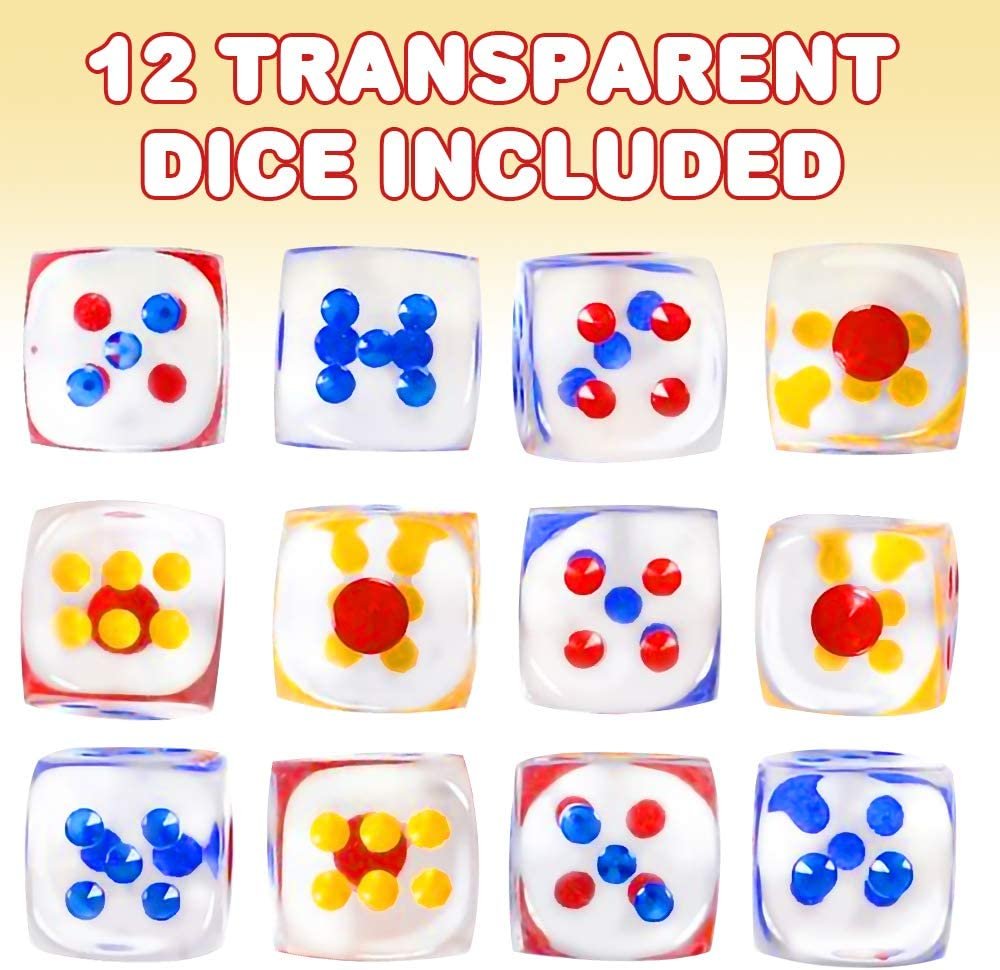 6-Sided Transparent Dice Set of 12, Oversized 1" Clear Dice with Colored Dots, Fun Six-Sided Gaming Dice for Farkle, Ten Thousand, Cho-Han and Other Dice Games