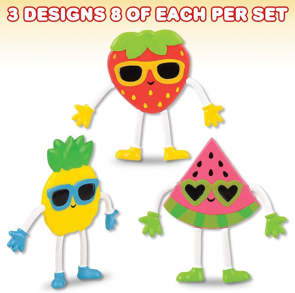 Cool Fruit Bendable Figures, Set of 24 Novelty Fruit Shaped Bendy Figurines, Stress Relief Fidget Toys, Birthday Party Favors, Goodie Bag Stuffers, Piñata Fillers for Kids