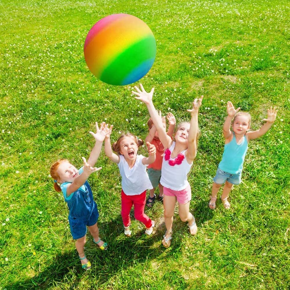 ArtCreativity Rainbow Playground Ball for Kids with Hand Pump, Bouncy 16 Inch Rubber Kick Ball for Backyard, Park & Beach Outdoor Fun, Beautiful Rainbow Colors, Durable Outside Toys for Boys & Girls