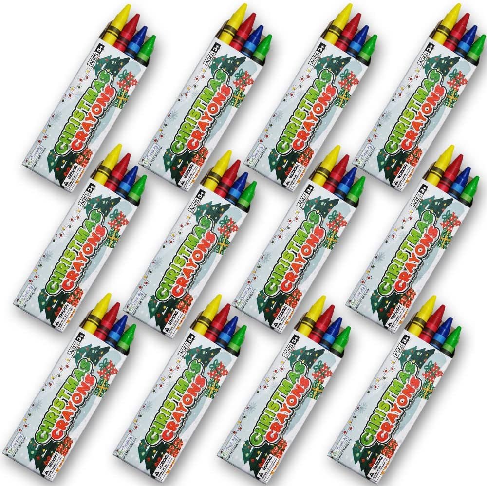 Christmas Crayons Set for Kids, 12 Boxes, Each Box with 4 Crayons, Full Size Crayons Party Favor Bundle, Perfect for Classroom Goodie Bags, Fun Holiday Stocking Stuffers