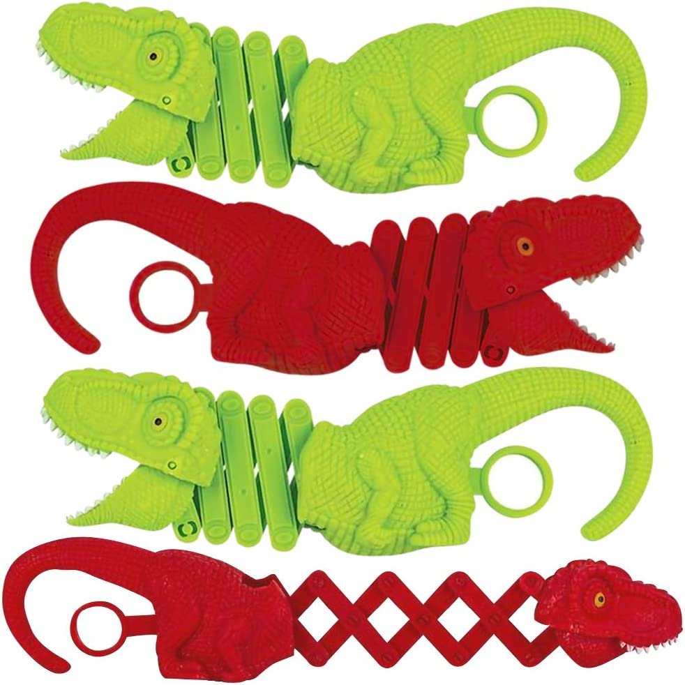 Dinosaur Creature Reacher, Set of 4, Dino Grabber Toy for Kids, Durable Plastic Animal Grabbers, Dinosaur Birthday Party Favors, Treasure Box Prizes, Novelty Gag Gift, Red & Green