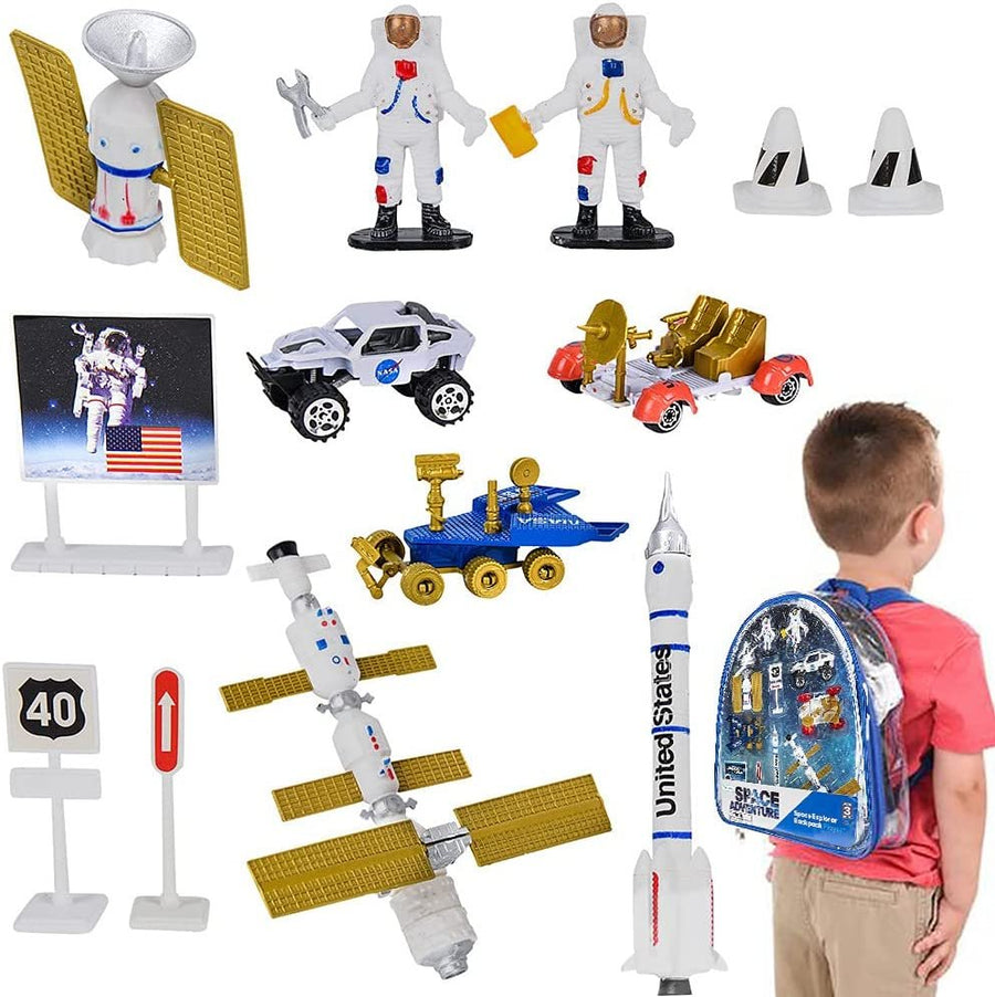Space Toys Set for Kids, 13-Piece Set with Bag and Assorted Astronaut Toys, Outer Space Backpack for Boys and Girls, Space Shuttle Toys Set for Hours of Imagination