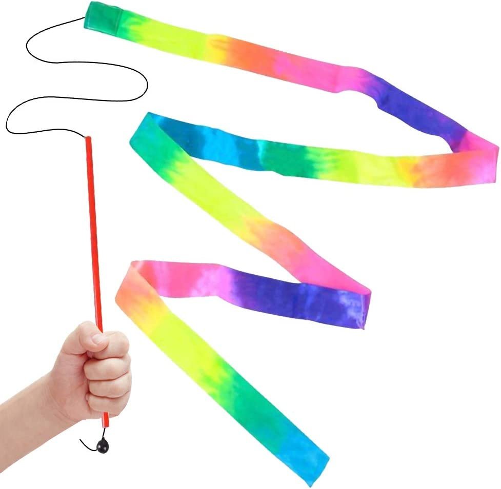 Rainbow Dance Ribbon Streamers for Kids, Set of 2, Twirling Ribbons for Dancing, Marching Band, Exercise, Pretend Play, Gymnastics Party Favors, Dance Party Decorations