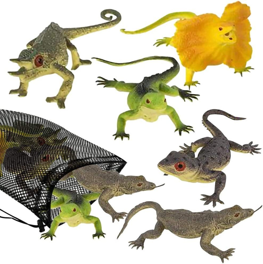 Reptile Figures Assortment in Mesh Bag, Pack of 5 Reptile Figurines in Assorted Designs, Bath Water Toys for Kids, Party Décor, Party Favors for Boys and Girls