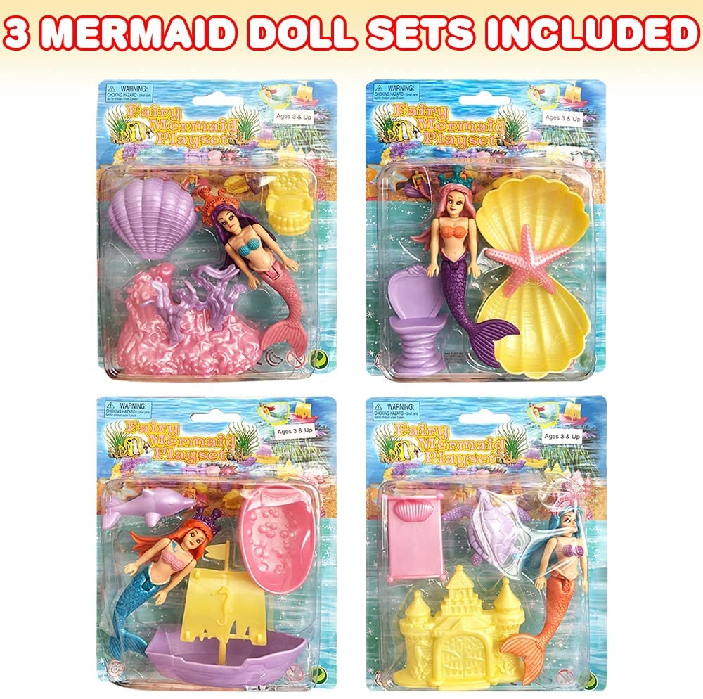 Princess Mermaid Doll Playset, Set of 3, Mermaid Toys for Girls and Boys with Doll, Castle, Shells, Mirror, Throne, and More, Princess Party Favors, Pretend Play Toys for Kids