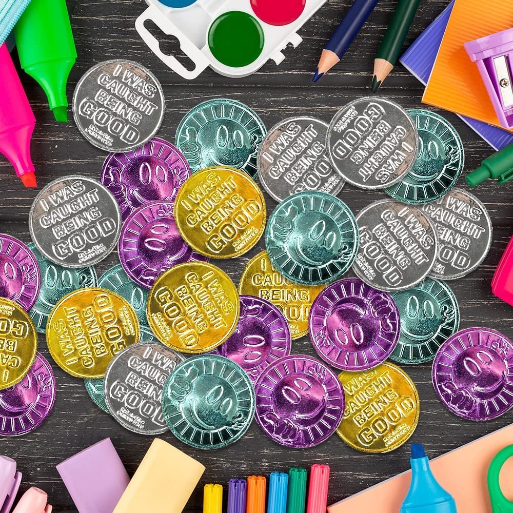 Colorful Coin Collection - Pack of 144 – ‘I was Caught Being Good’ Coins, Tokens for Kids Behavior - Smile Face Fake Money Coins, Ideal School Reward and Prize from Mom to Kids Ages 3+
