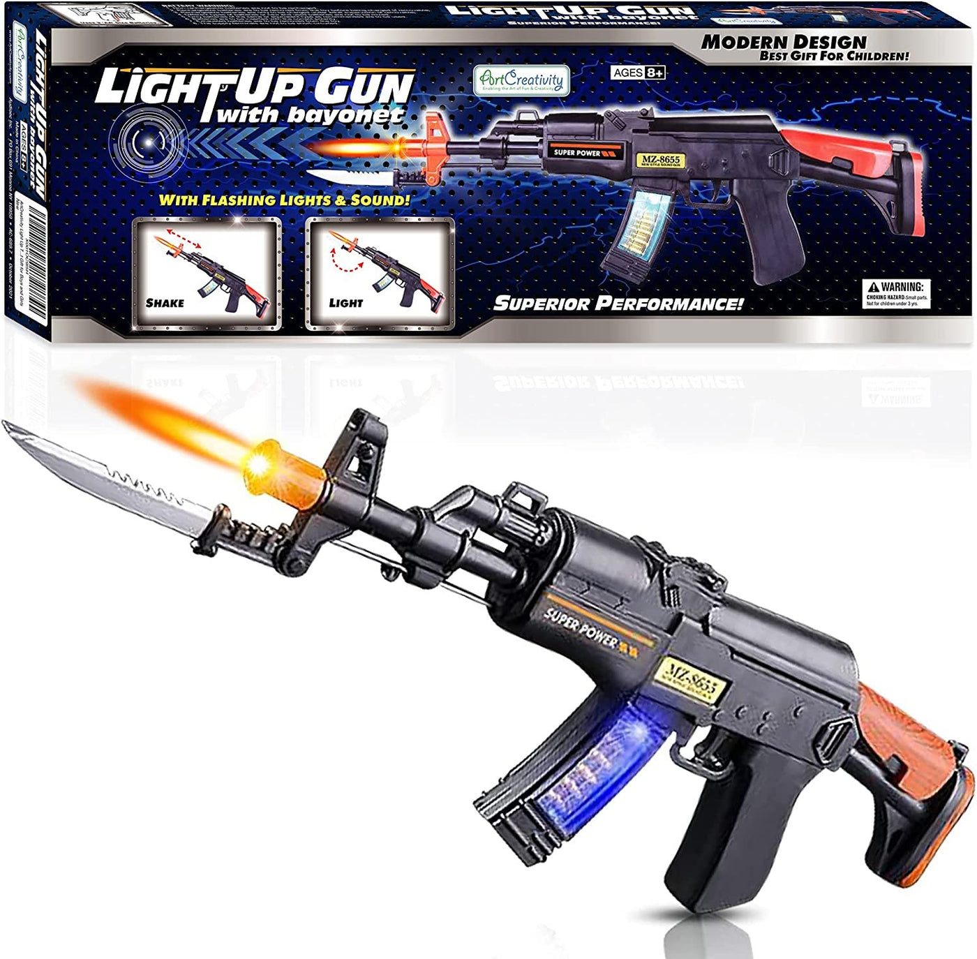 Light Up Toy Machine Gun with Folding Bayonet by ArtCreativity, Cool LED, Sound and Vibration Effect, 16 Inch Pretend Play Military Submachine Pistol, Great Gift for Boys and Girls