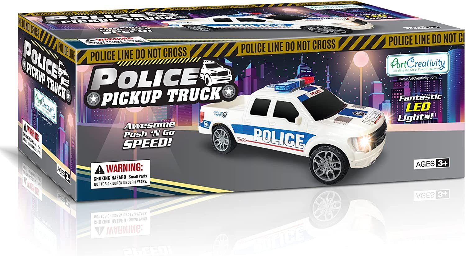 Police Car Pickup Truck with LED Headlights and Sirens, Light-Up