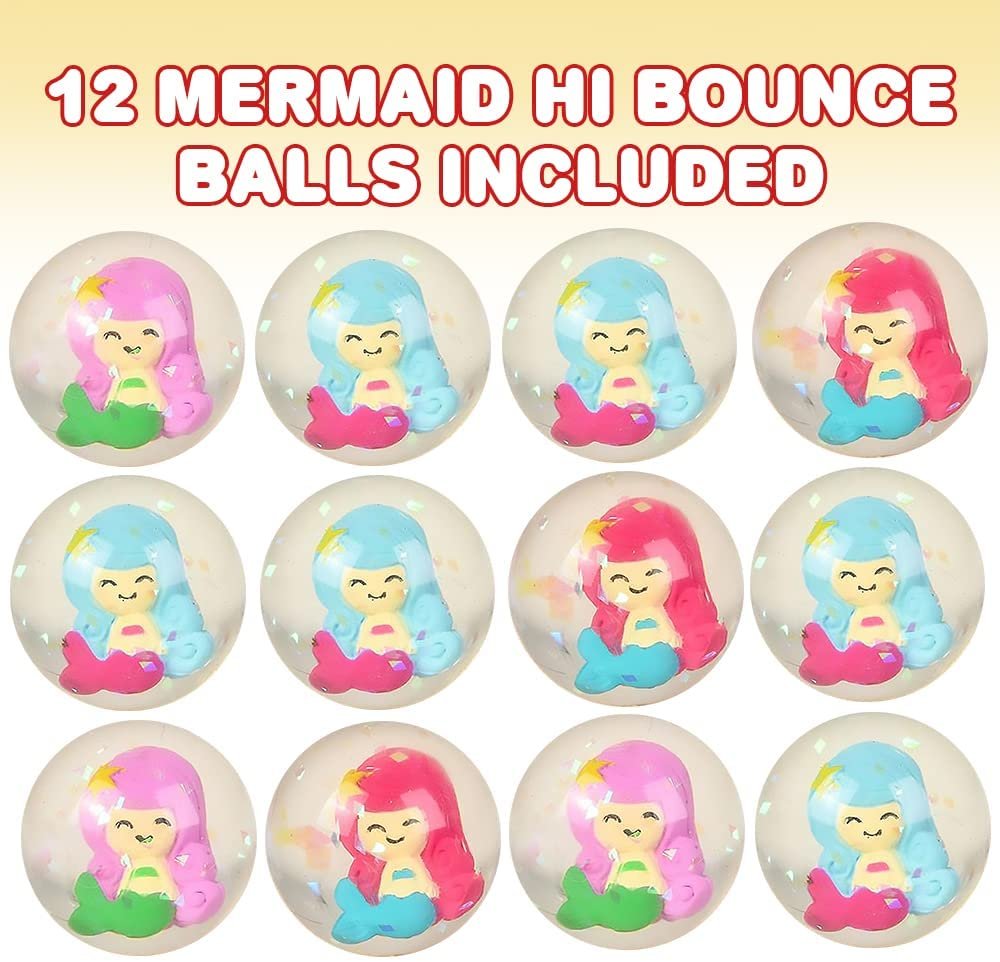 Mermaid High Bounce Balls, Set of 12, Balls for Kids with 3D Mermaid Character Inside, Outdoor Toys for Encouraging Active Play, Mermaid Party Favors and Pinata Stuffers for Boys & Girls