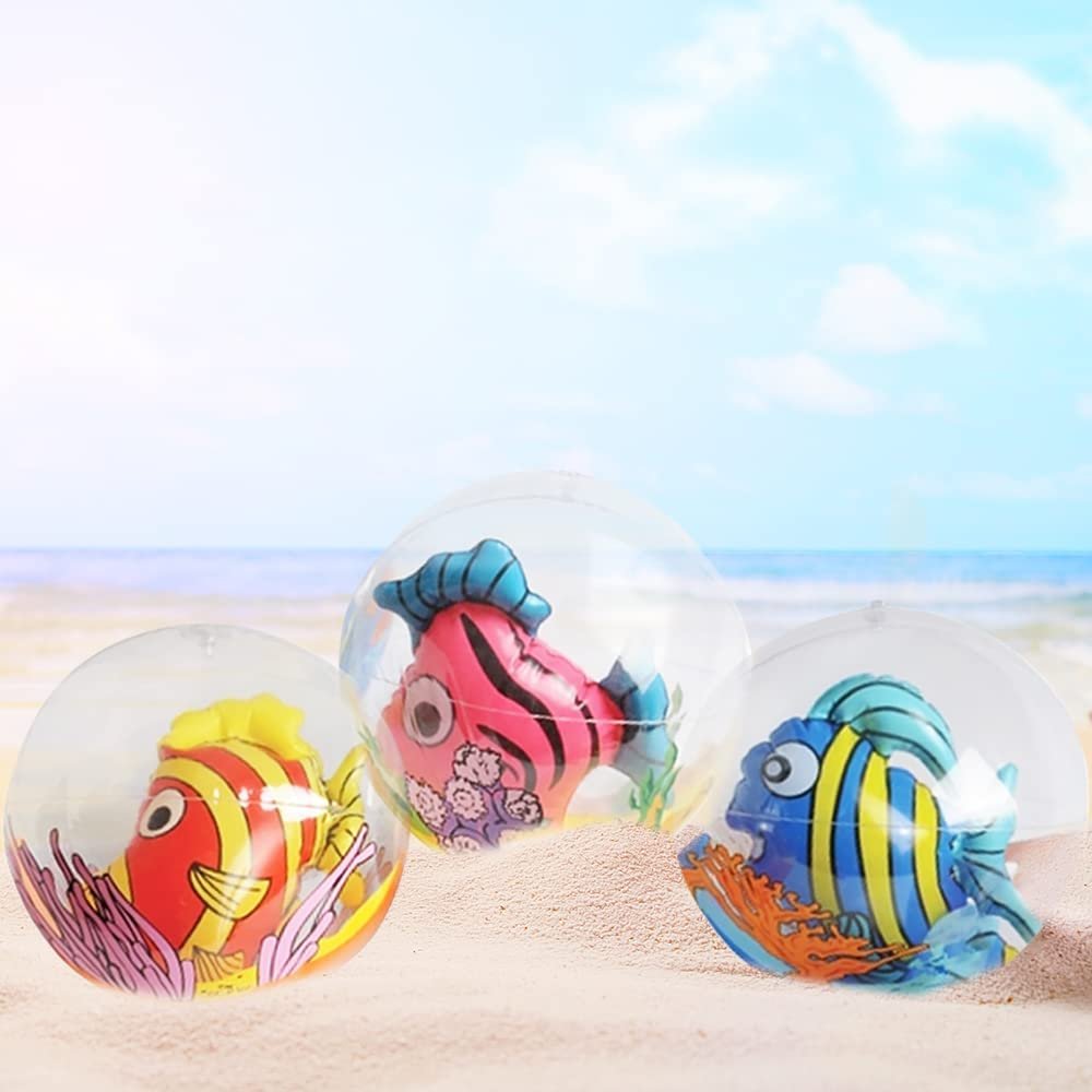 3D Fish Beach Balls for Kids, Set of 3, Clear Balls with Colorful Fish Inside, Inflatable Swimming Pool Toys and Aquatic Party Decorations, Underwater Party Supplies and Party Favors