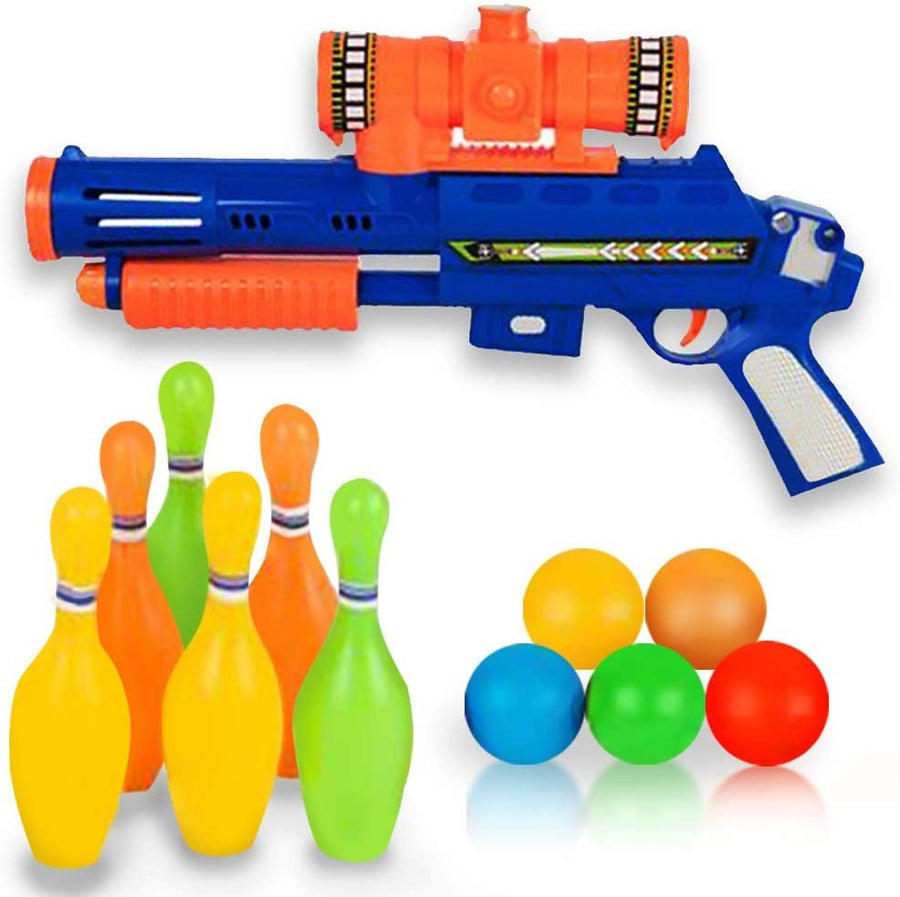 Bowling Pin Blaster Shooting Game for Kids - Set Includes 1 Toy Gun, 4 Colorful Ping Pong Balls, and 6 Plastic Bowling Pins - Best Gift or Party Activity for Boys and Girls