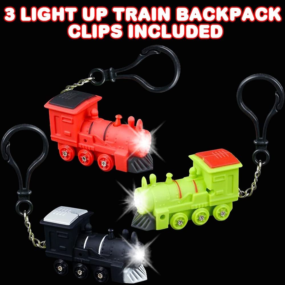 Light-Up Train Backpack Clips with LEDs and Sounds, Set of 3, Fun Bag Accessories for Kids and Adults, Unique Back to School Supplies, Train Birthday Party Favors for Boys and Girls