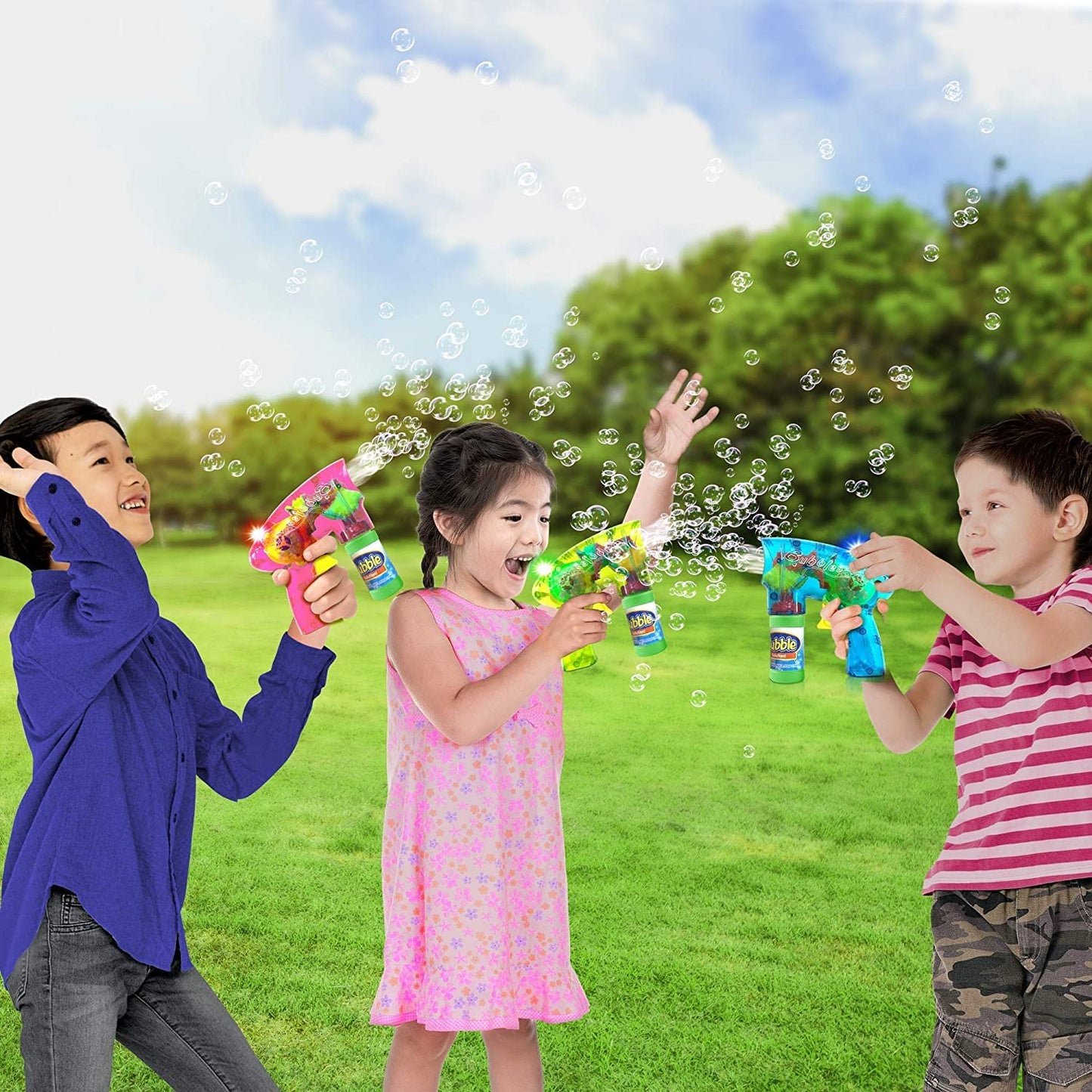 ArtCreativity Friction Powered Light Up Bubble Blaster Gun Set - Set of 3 - Includes 3 LED Bubbles Guns and 6 Bottles of Bubble Fluid - No Batteries Needed - Outdoor, Indoor Fun - Gift Idea, Party