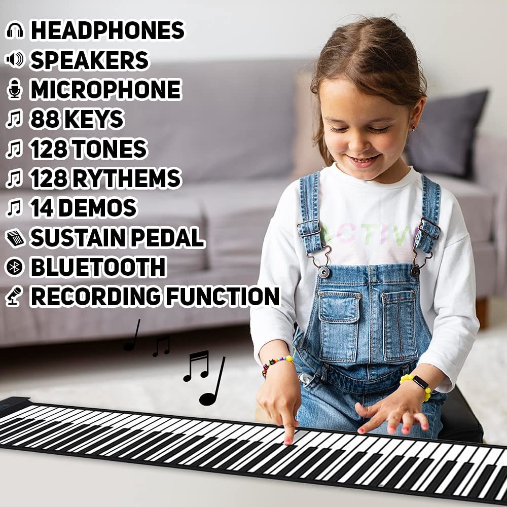 Electric Roll Up Piano, Foldable Piano Keyboard for Kids and Adults, 88-Key Electric Keyboard with Sustain Pedal and USB 5V Cord, Travel-Friendly Kids’ Music Toys, Great Gift Idea