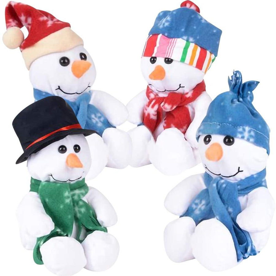 Plush Snowman Stuffed Toys, Set of 4, Adorable Snowmen Decorations with Assorted Outfits, Soft and Cuddly, Fun Christmas Tree Décor, Goodies, and Favors