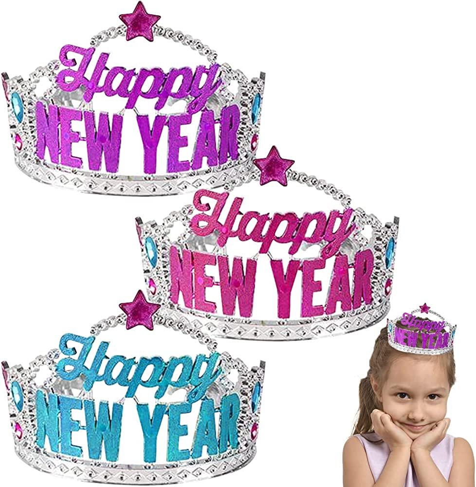 Happy New Year Tiaras, Set of 12, New Years Eve Accessories for Kids and Adults, New Years Eve Decorations, Party Favors, and Giveaways, Sparkly Tiaras in Assorted Colors