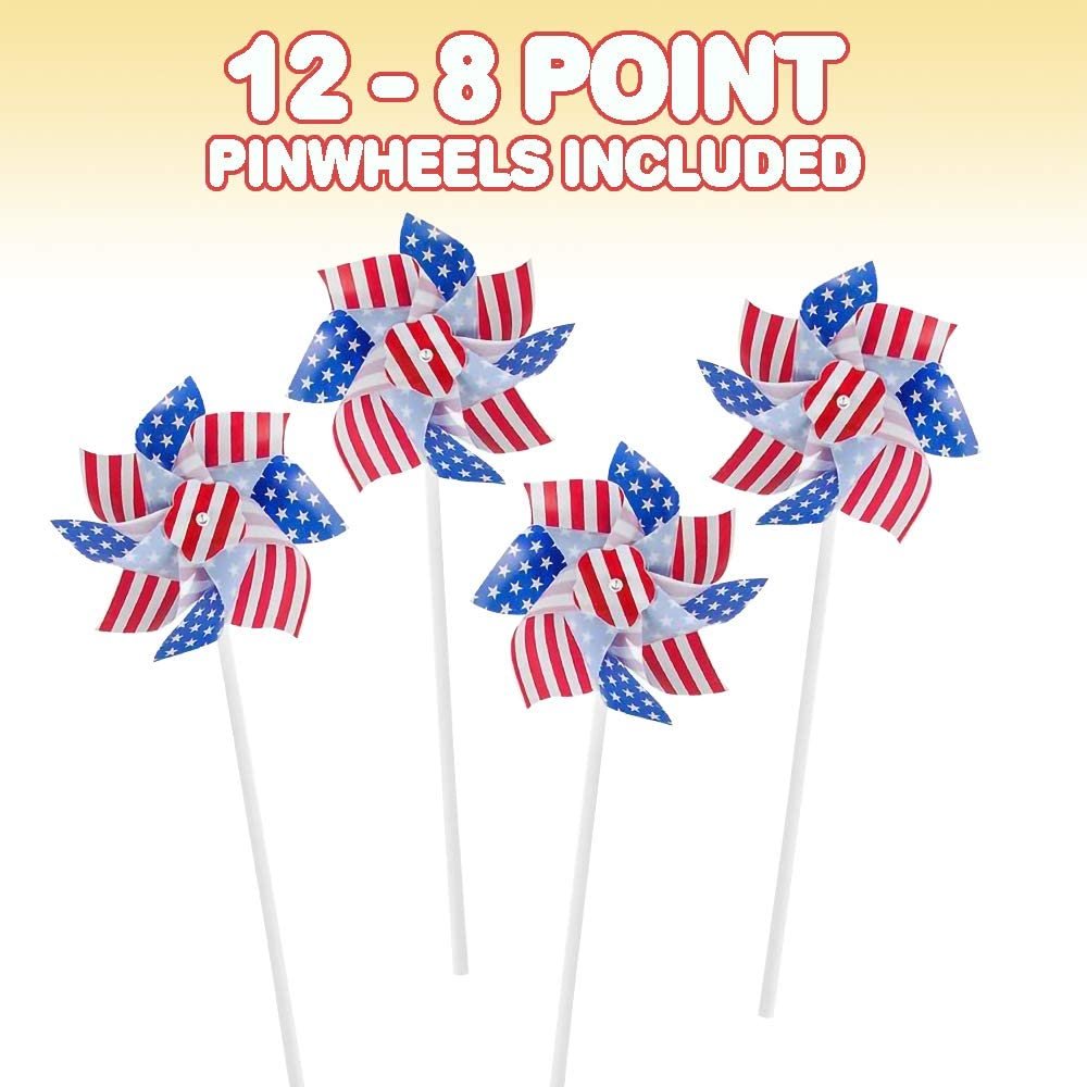 ArtCreativity 6 Inch Stars and Stripes Pinwheels - Set of 12 - Red, White, and Blue - Independence Day Decorations, July 4th Decor for Yard, Garden, Lawn - Patriotic Party Favors for Kids, Adults