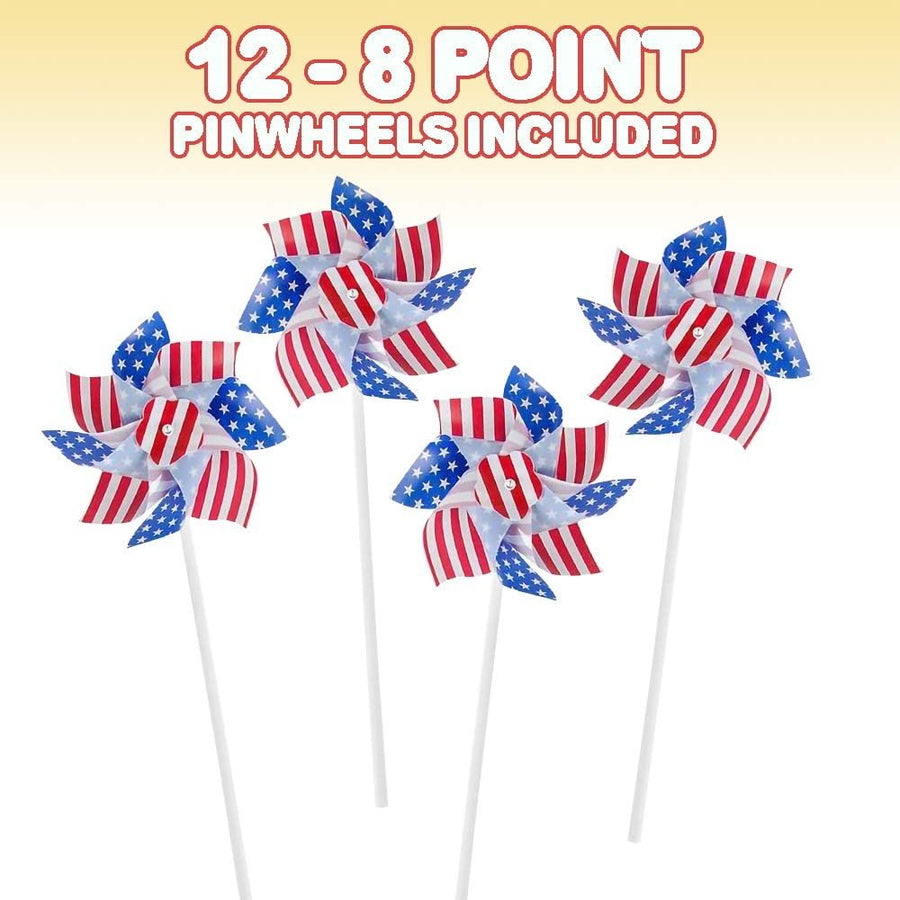 6" Stars and Stripes Pinwheels - Set of 12 - Red, White, and Blue - Independence Day Decorations, July 4th Decor for Yard, Garden, Lawn - Patriotic Party Favors for Kids, Adults