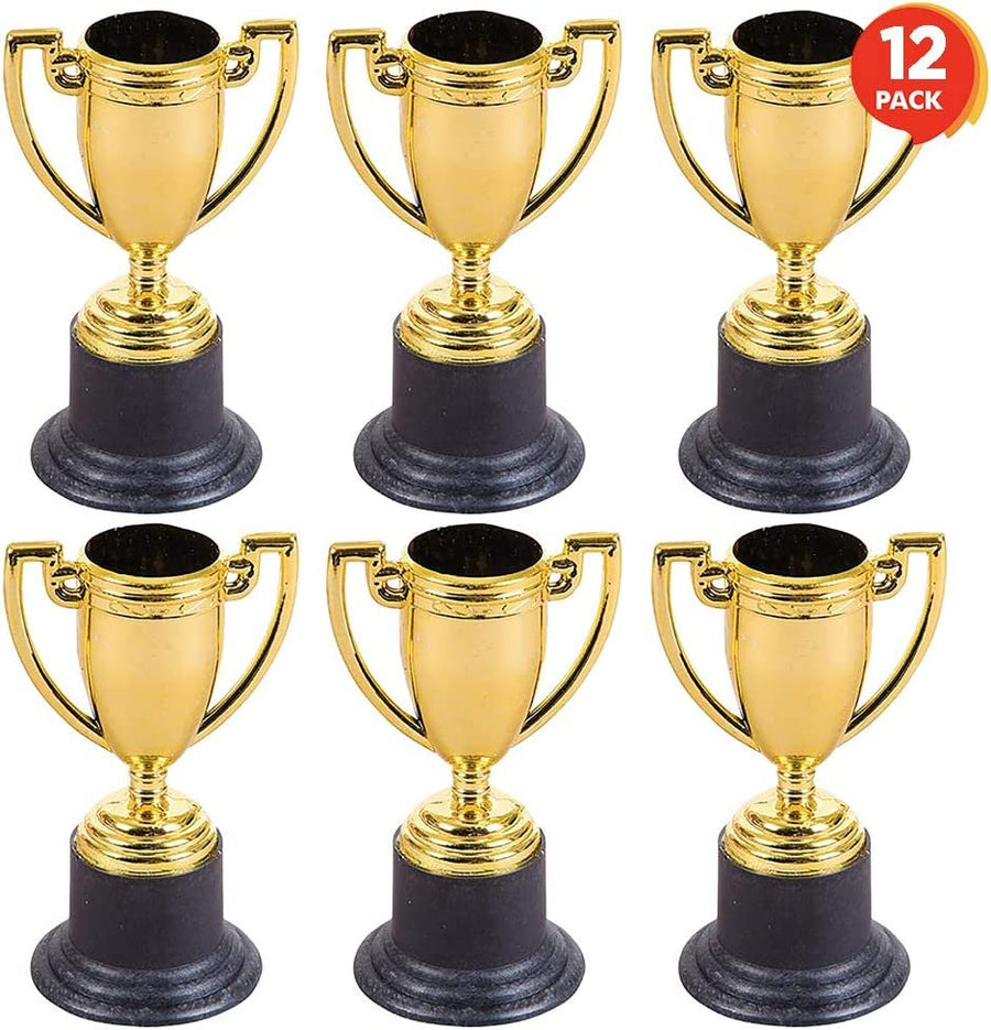 Gold Plastic Trophies for Kids - Pack of 12 Golden Colored Trophy Set - 4" Award Cups for Football, Soccer, Baseball, Carnival Prize, Party Favors for Boys and Girls