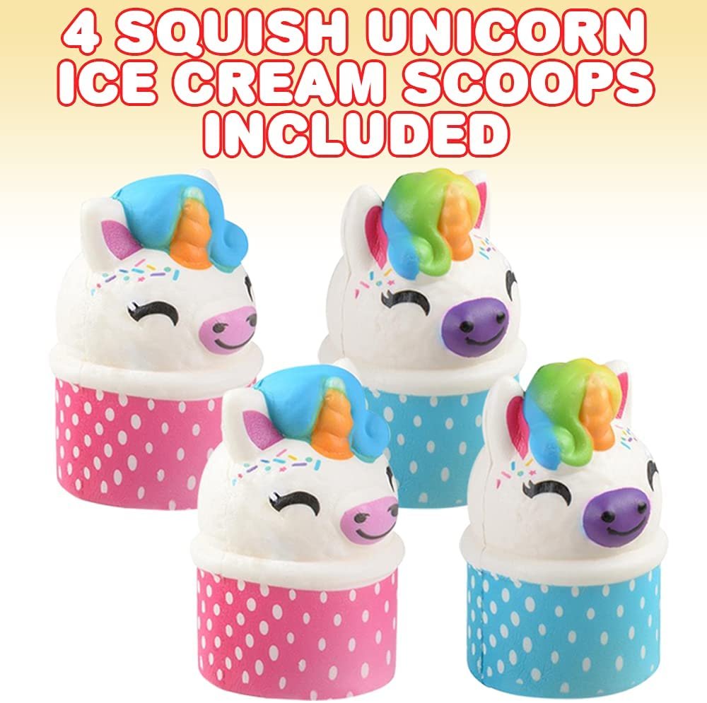 Squish Unicorn Ice Cream Scoop Toys for Kids, Set of 4, Super Soft Slow Rising Squeeze Toys, Stress Relief Sensory Toys, Great Party Favors, Goody Bag Fillers for Children