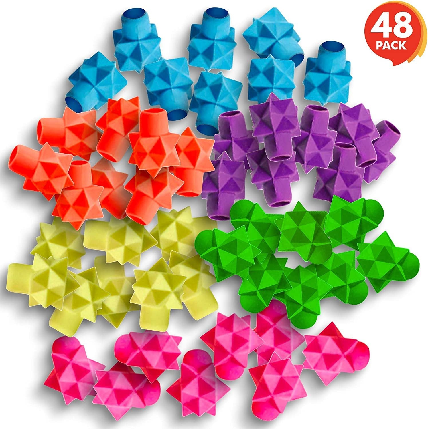 Star Pencil Top Erasers for Kids - 48 Pcs - Colorful Eraser Caps Toppers for Boys and Girls - Classroom Prize, Teacher Rewards, Stationery Birthday Party Favors, Goody Bag Stuffers