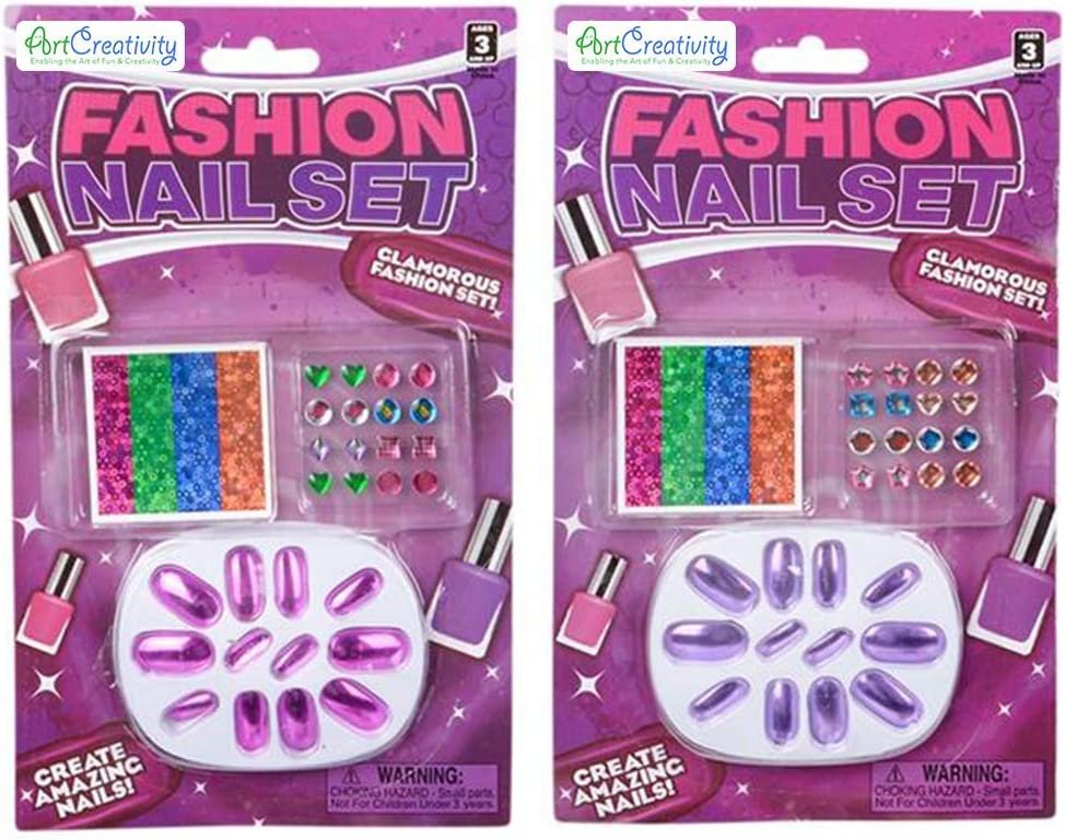 Fashion Nail Set for Girls, Set of 2, Nail Kits for Girls with Stick-On Earrings, Nails, and Eyeliner, Fashion Accessories for Pretend Play Dress-Up, Fun Princess Party Favors and Gifts
