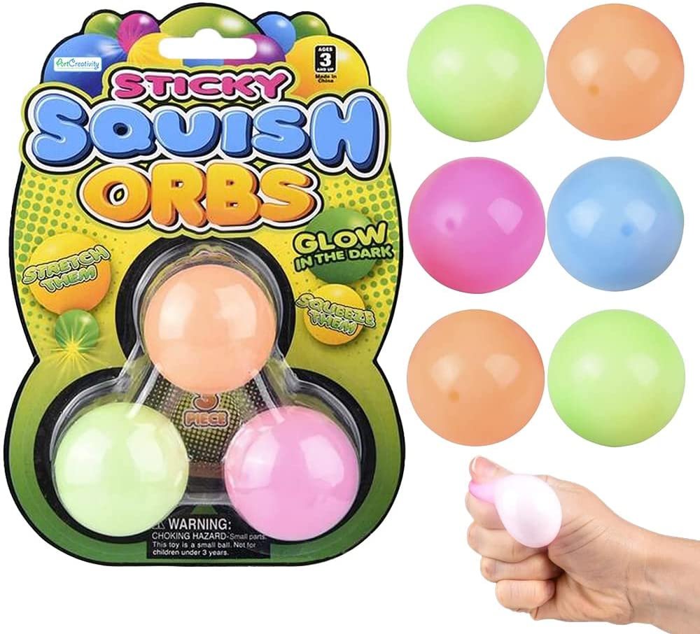Squish Sticky Glow in The Dark Orbs, 2 Packs with 3 Balls Each, Glowing Fidget Toys for Kids & Adults, Squeeze Stress Toys in Assorted Vibrant Colors, Goody Bag Fillers & Party Favors