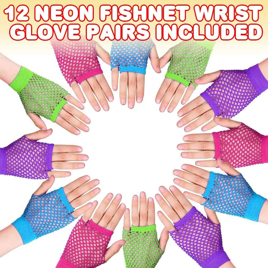 Neon Gloves for Kids, Set of 12, Fishnet Wrist Gloves, Perfect Neon Party Supplies, Great Halloween Accessories, 80’s Birthday Party Favors, Retro Theme Party Supplies