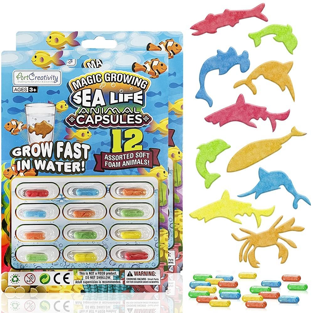 Magic Growing Sea Life Animal Capsules, 2 Packs with 12 Expanding Animal Capsules Each, Grow in Water, Cute Color & Design Variety, Kids’ Birthday Party Favor, Contest Prize or Gift Idea
