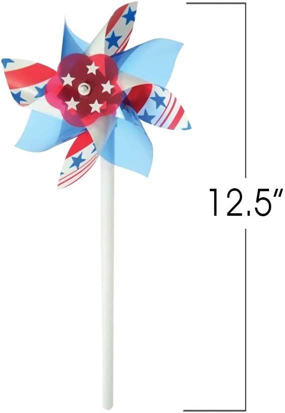 4" Stars and Stripes Pinwheels, Set of 12, Red, White, and Blue, Independence Day Decorations, July 4th Décor for Yard, Garden, Lawn, Patriotic Party Favors for Kids