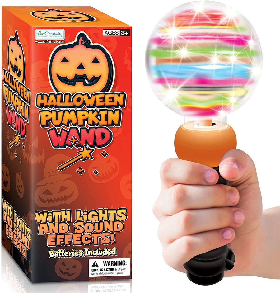 ArtCreativity Light-Up Halloween Pumpkin Magic Wand Toy with Sound, Jack-O-Lantern Light Up Toys for Kids, with Light Up & Spinning & Sound Effects, for Kids, Halloween Party Favor