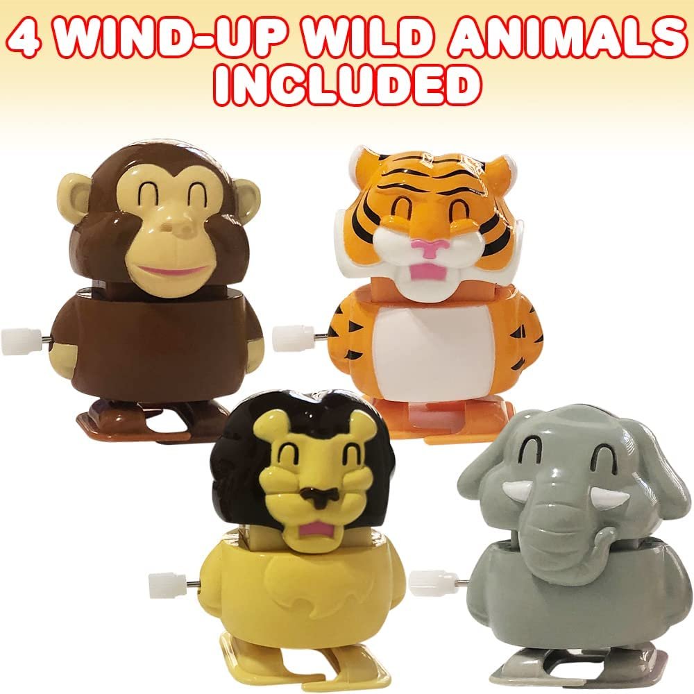 Wind Up Animal Toys for Kids, Set of 4, Walking Wind Up Toys with Elephant, Tiger, Lion, and Monkey Design, Safari Party Favors and Zoo Party Supplies, Safari Goodie Bag Fillers for Kids