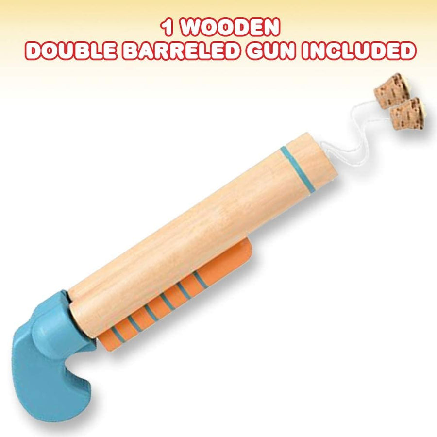 Wooden Double Barreled Pop Gun for Kids, Classic Wood Cork Popper Gun with Pump Action Handle, Pretend Play Shotgun for Boys and Girls, Gift Idea