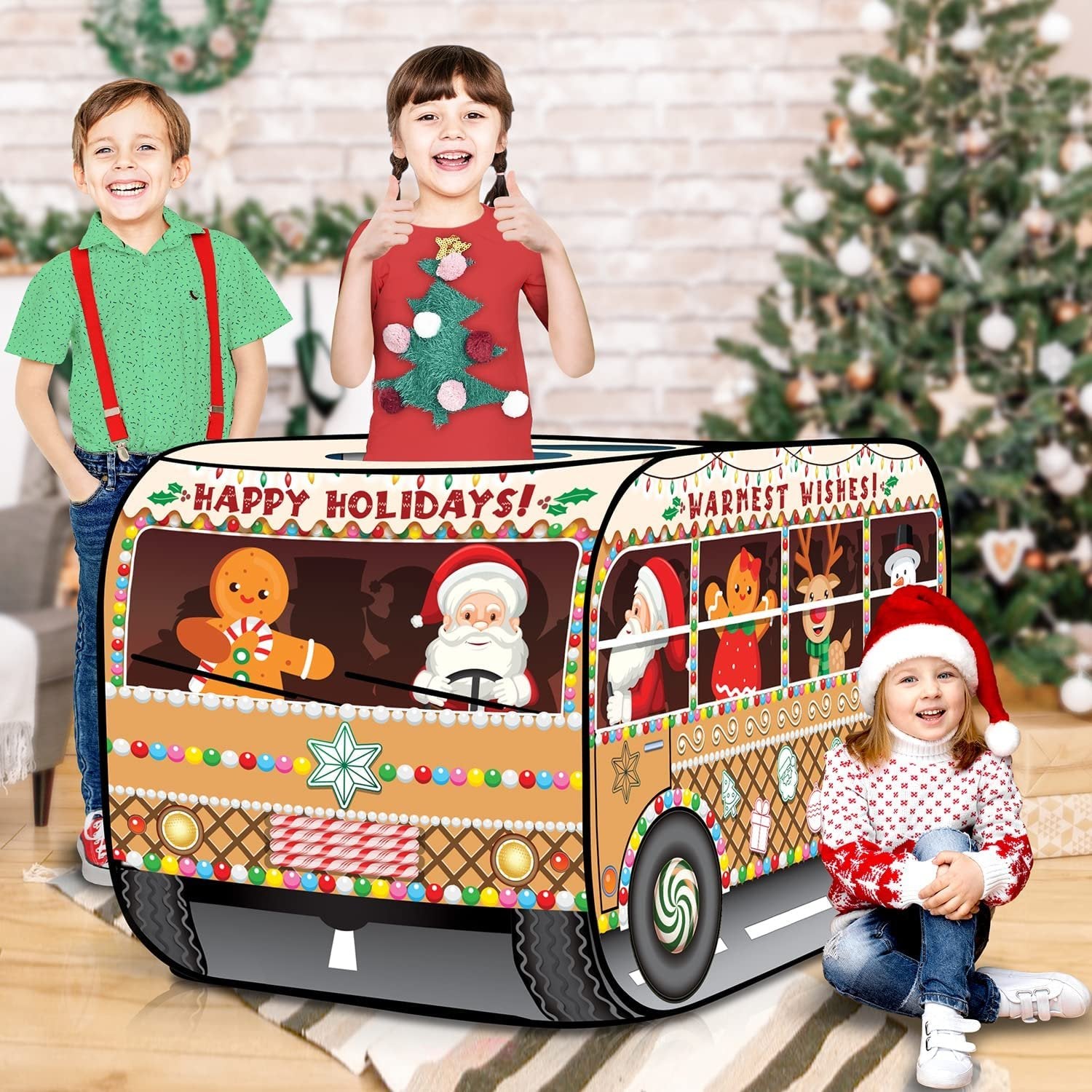 Christmas School Bus Pop Up Tent, Christmas Tent for Kids with a Carry Bag, Pop Up Play Tent for Hours of Fun, Great for Indoor Christmas Decorations, 43.5 x 28 x 26.5"es