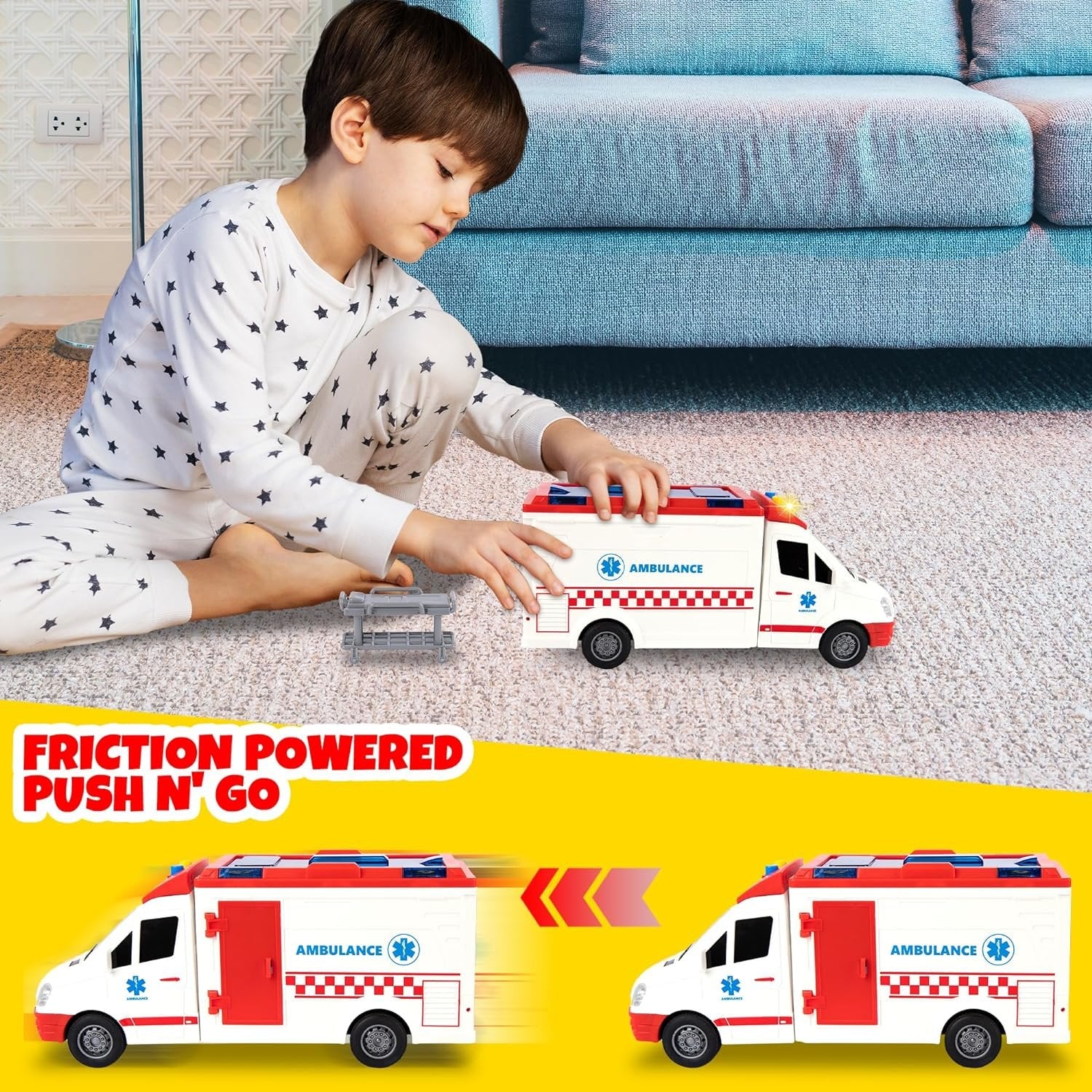 Ambulance Toy Truck for Kids 3,4,5,6,7,8, Lights & Siren, Friction-Powered 1/16 Scale Rescue Toy Ambulance, Emergency Vehicle Toys with Removable Stretcher, Doors Open for Immersive Imagination