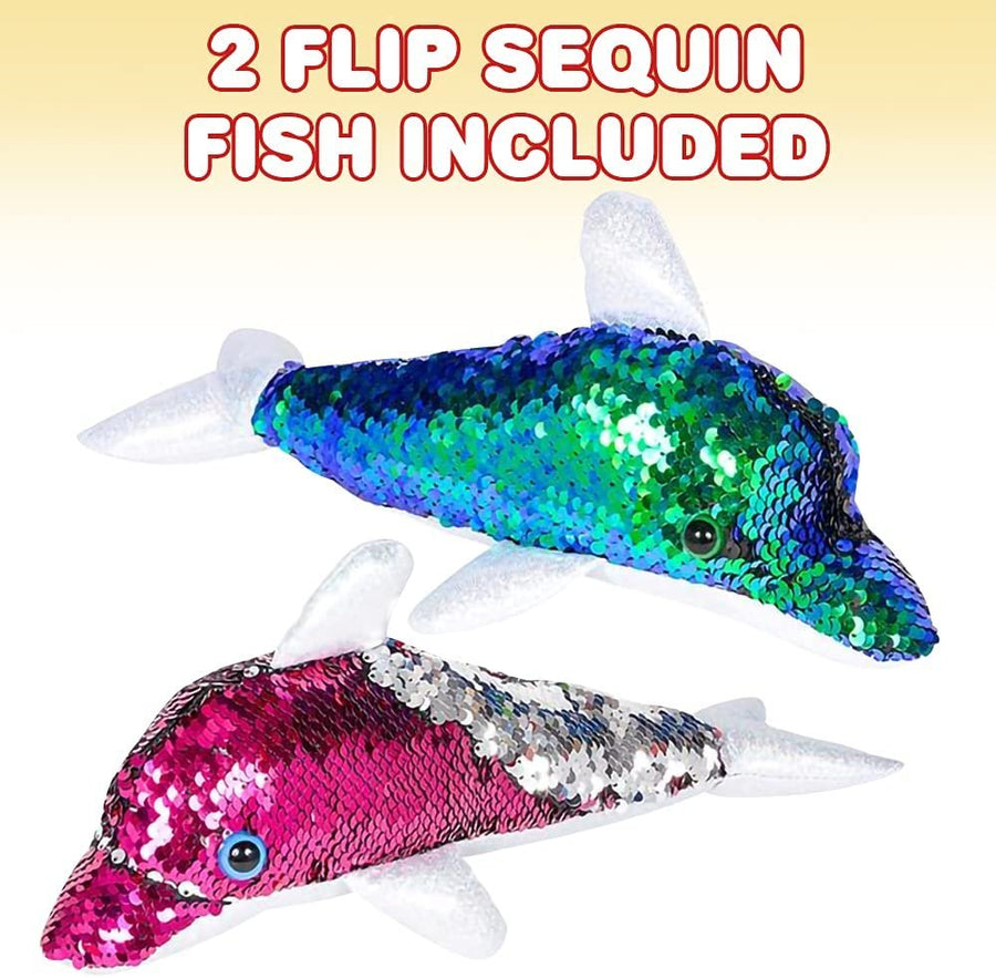 Flip Sequin Dolphin Plush Toy, Set of 2, Soft Stuffed Dolphins with Color Changing Sequins, Cute Home and Nursery Animal Decorations, Calming Fidget Toy for Girls and Boys, 12"es