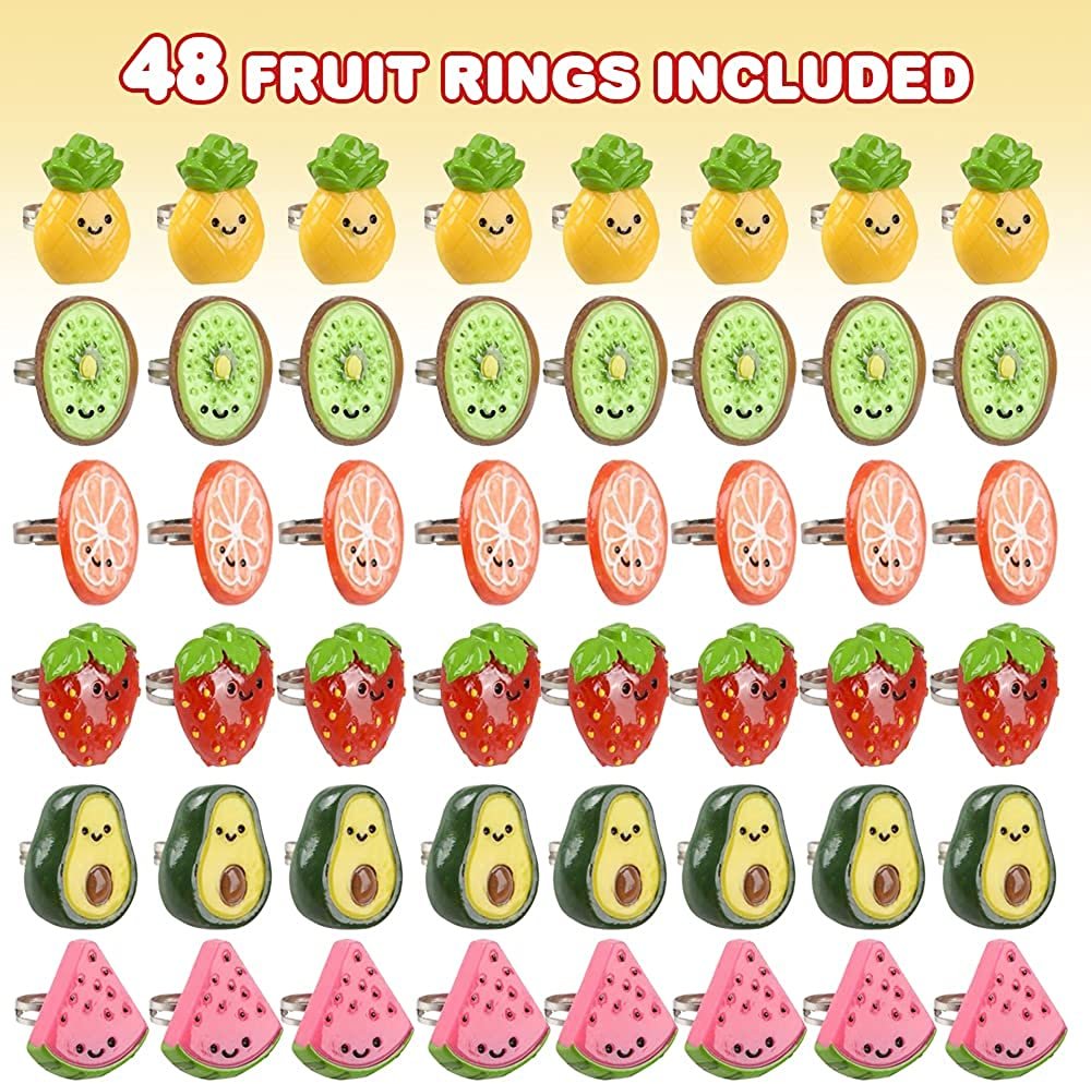 ArtCreativity Fruit Rings for Kids, Set of 48, Adorable Jewelry for Little Girls and Boys, Plastic Rings in Fun Assorted Colors and Designs, Dress Up Accessories, Goodie Bag Fillers for Kids