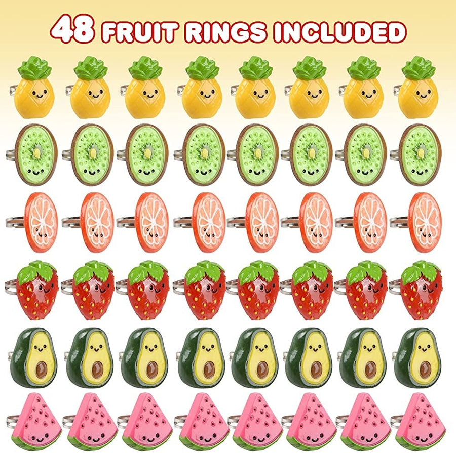 Fruit Rings for Kids, Set of 48, Adorable Jewelry for Little Girls and Boys, Plastic Rings in Fun Assorted Colors and Designs, Dress Up Accessories, Goodie Bag Fillers for Kids