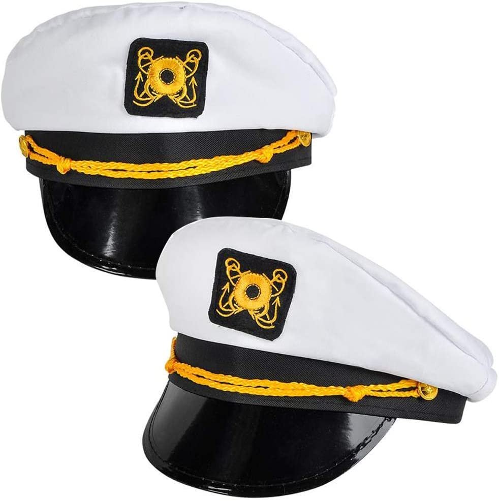 Captain’s Hat for Men, Women, and Kids - Pack of 2 - Classic White Hats for Captain, Naval Officer or Pilot Costume, Cotton with Gold Embroidery, Naval Theme Party Favors