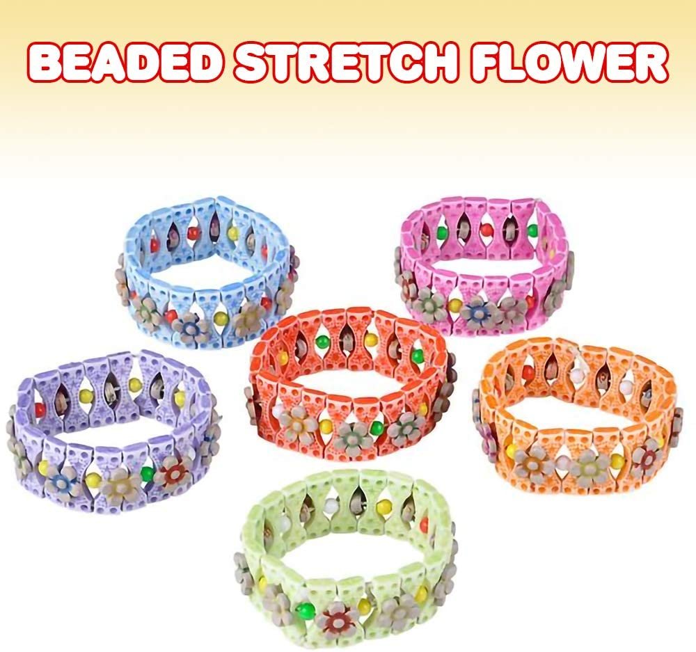 Beaded Stretch Flower Bracelets - Pack of 12 - Novelty Wristbands with Floral Design and Assorted Colors - Cute Party Favor, Carnival Prize, Toy Jewelry Bracelets for Kids and Adults