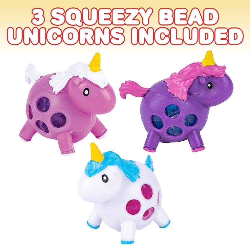 Squeeze Bead Unicorn Balls, Set of 3, Cute Squeezy Toys with Water Beads, Stress Relief Sensory Toys for Boys and Girls, Fun Unicorn Birthday Party Favors, Goodie Bag Fillers for Kids