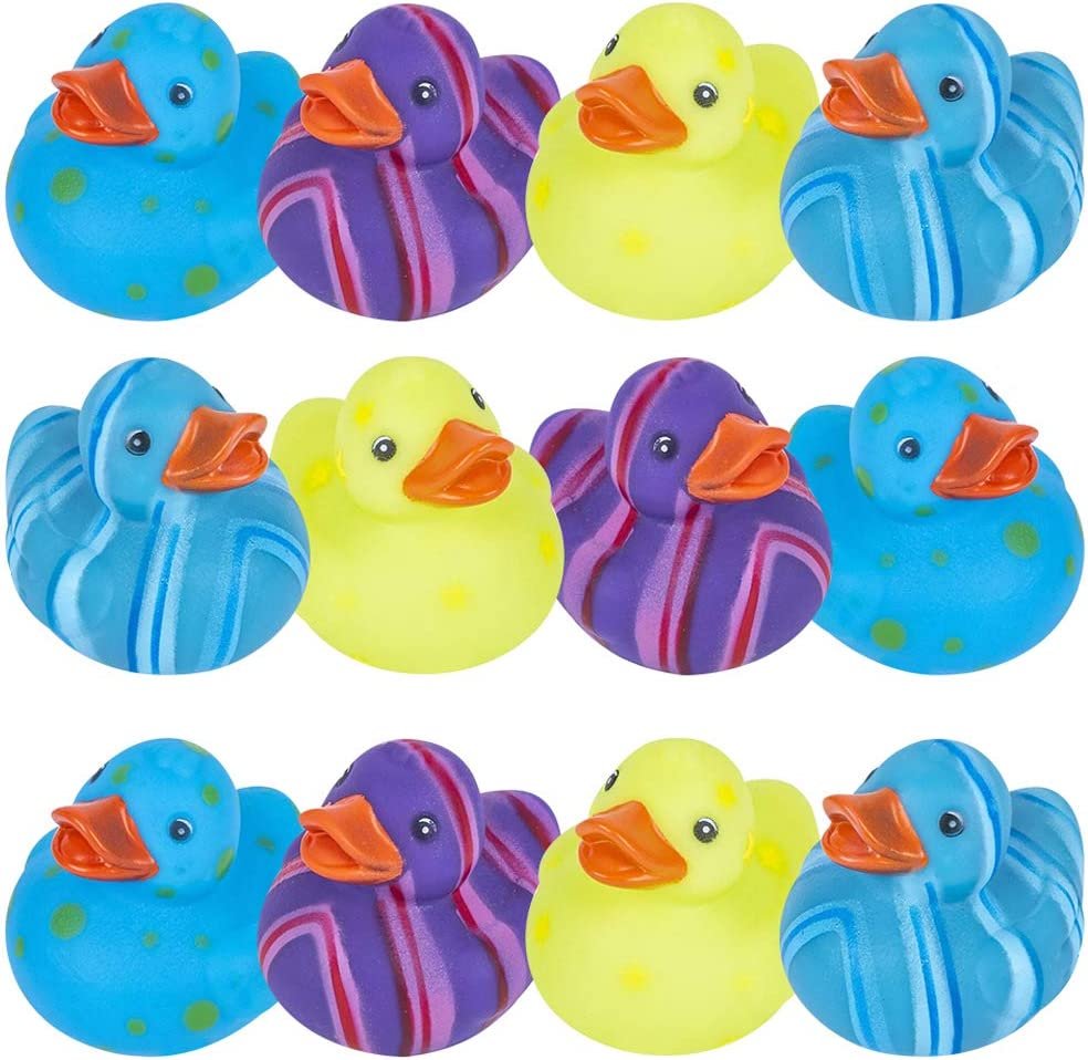 Multicolored Pattern Rubber Duckies for Kids, Pack of 12 Cute Duck Bath Tub Pool Toys, Fun Carnival Supplies, Birthday Party Favors for Boys and Girls