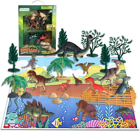 ArtCreativity 50 Piece Dinosaur Play Set, Dino Playset with Various Dinosaurs, Trees, Rocks, Fence, and Play Mat, Dinosaur Toys Box Set for Boys and Girls, Best Dinosaur Birthday Gift for Kids