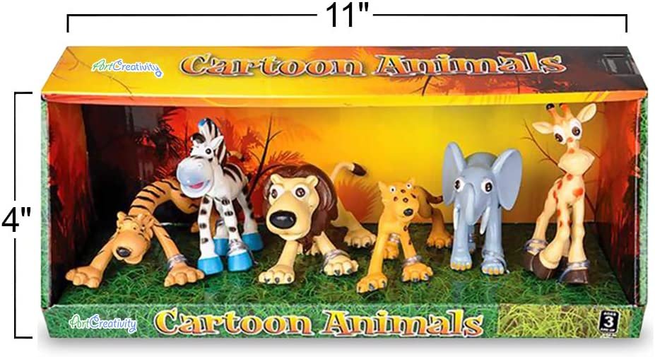 Cartoon Animals Figurines for Kids - Set of 6 - Cute Cartoonish Design - Durable Plastic Play Set - Cool Storage Box - Great Gift Idea, Safari and Jungle Favors for Boys and Girls
