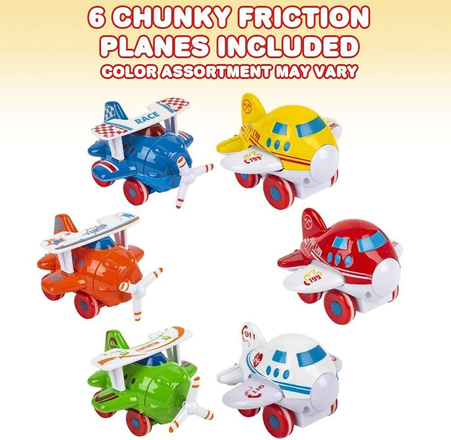 Chunky Friction Airplane Toys for Kids, Set of 6, Push n Go Plane Toys with Moving Propellers and Wings, Aviation Party Favors for Boys and Girls, Pretend Play Gifts, Assorted Designs
